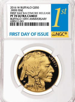 2016 W $50 バッファロー金貨 NGC PF70 First Day Baltimore Releases 10周年 NGC PF70UC